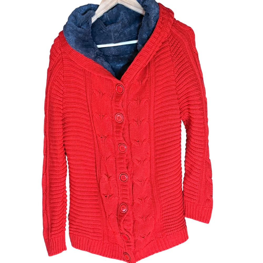 Womens Red Cable Knit Hooded Cardigan Faux‎ Fur Lined Button Front Cozy Sweater